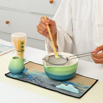 Matcha Set Matcha Whisk Matcha Bowl with Pouring Spout Scoop Matcha Whisk Holder Tea Making Kit, Japanese Tea Set (7pcs) Gradient blue, Color Box Packin