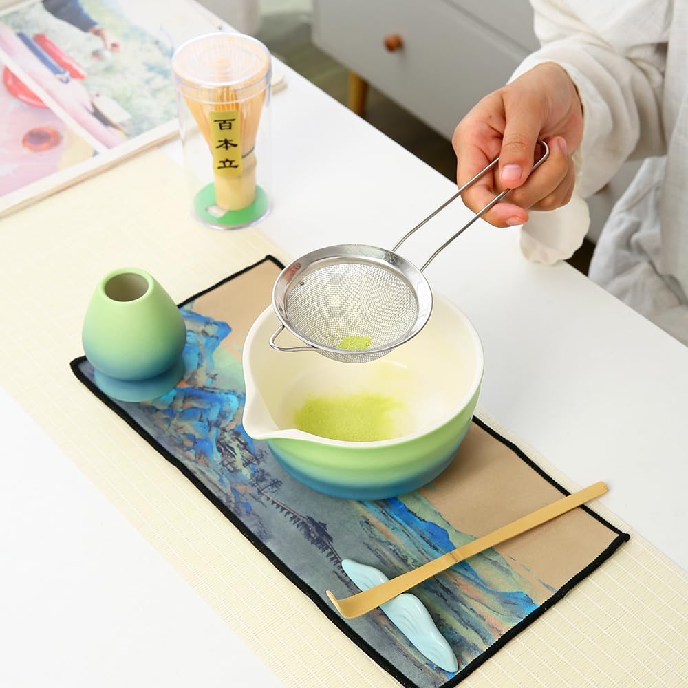 Matcha Set Matcha Whisk Matcha Bowl with Pouring Spout Scoop Matcha Whisk Holder Tea Making Kit, Japanese Tea Set (7pcs) Gradient blue, Color Box Packin