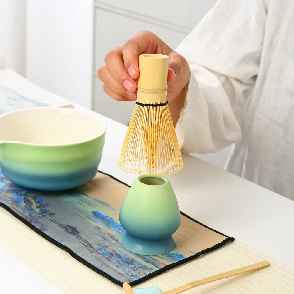 Matcha Set Matcha Whisk Matcha Bowl with Pouring Spout Scoop Matcha Whisk Holder Tea Making Kit, Japanese Tea Set (7pcs) Gradient blue, Color Box Packin