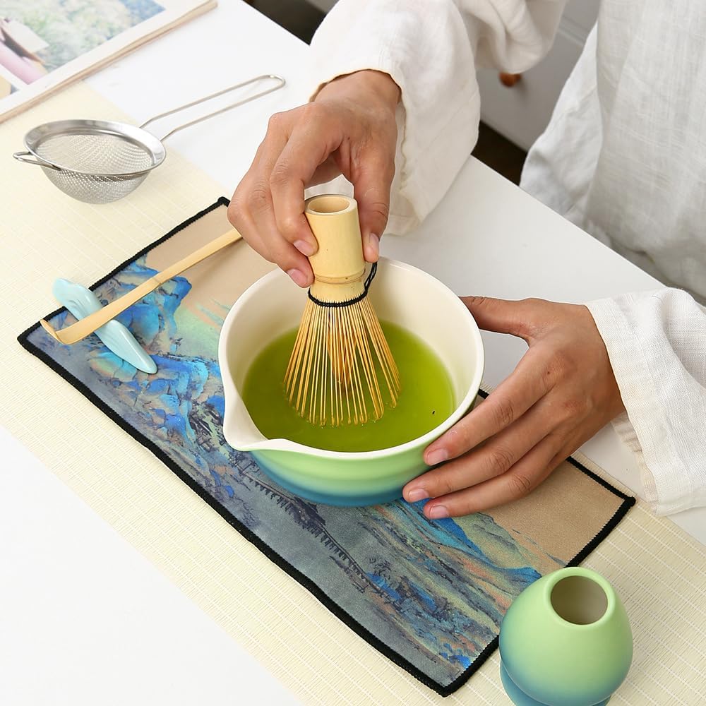 Matcha Set Matcha Whisk Matcha Bowl with Pouring Spout Scoop Matcha Whisk Holder Tea Making Kit, Japanese Tea Set (7pcs) Gradient blue, Color Box Packin