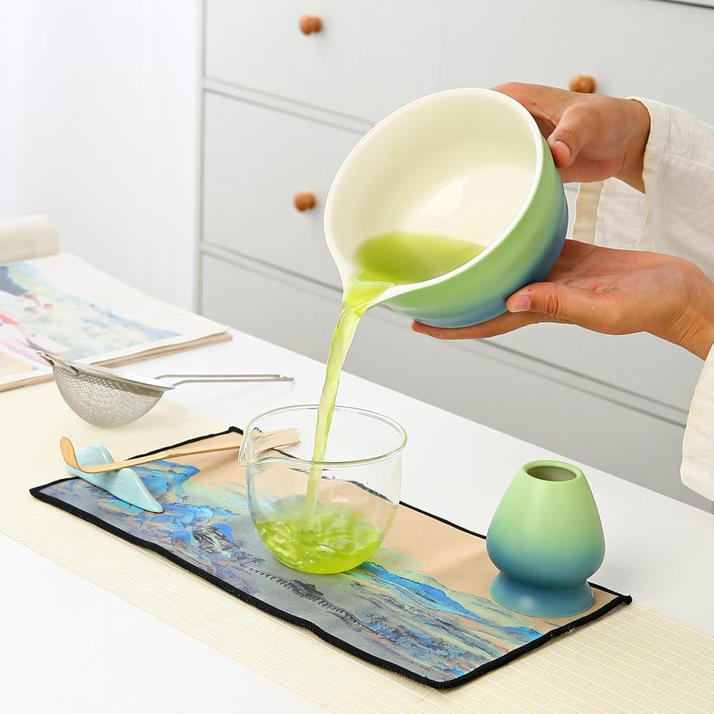 Matcha Set Matcha Whisk Matcha Bowl with Pouring Spout Scoop Matcha Whisk Holder Tea Making Kit, Japanese Tea Set (7pcs) Gradient blue, Color Box Packin