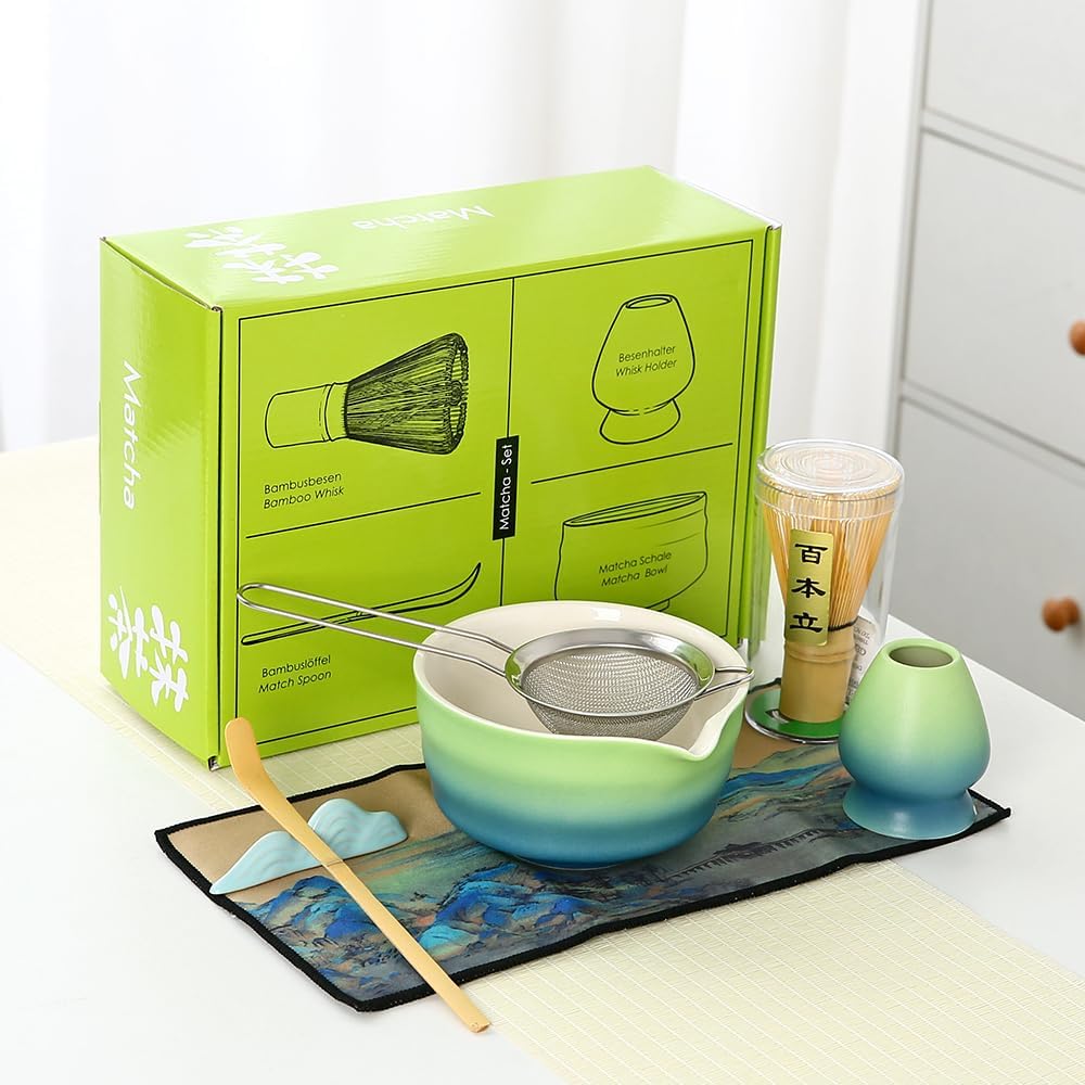 Matcha Set Matcha Whisk Matcha Bowl with Pouring Spout Scoop Matcha Whisk Holder Tea Making Kit, Japanese Tea Set (7pcs) Gradient blue, Color Box Packin