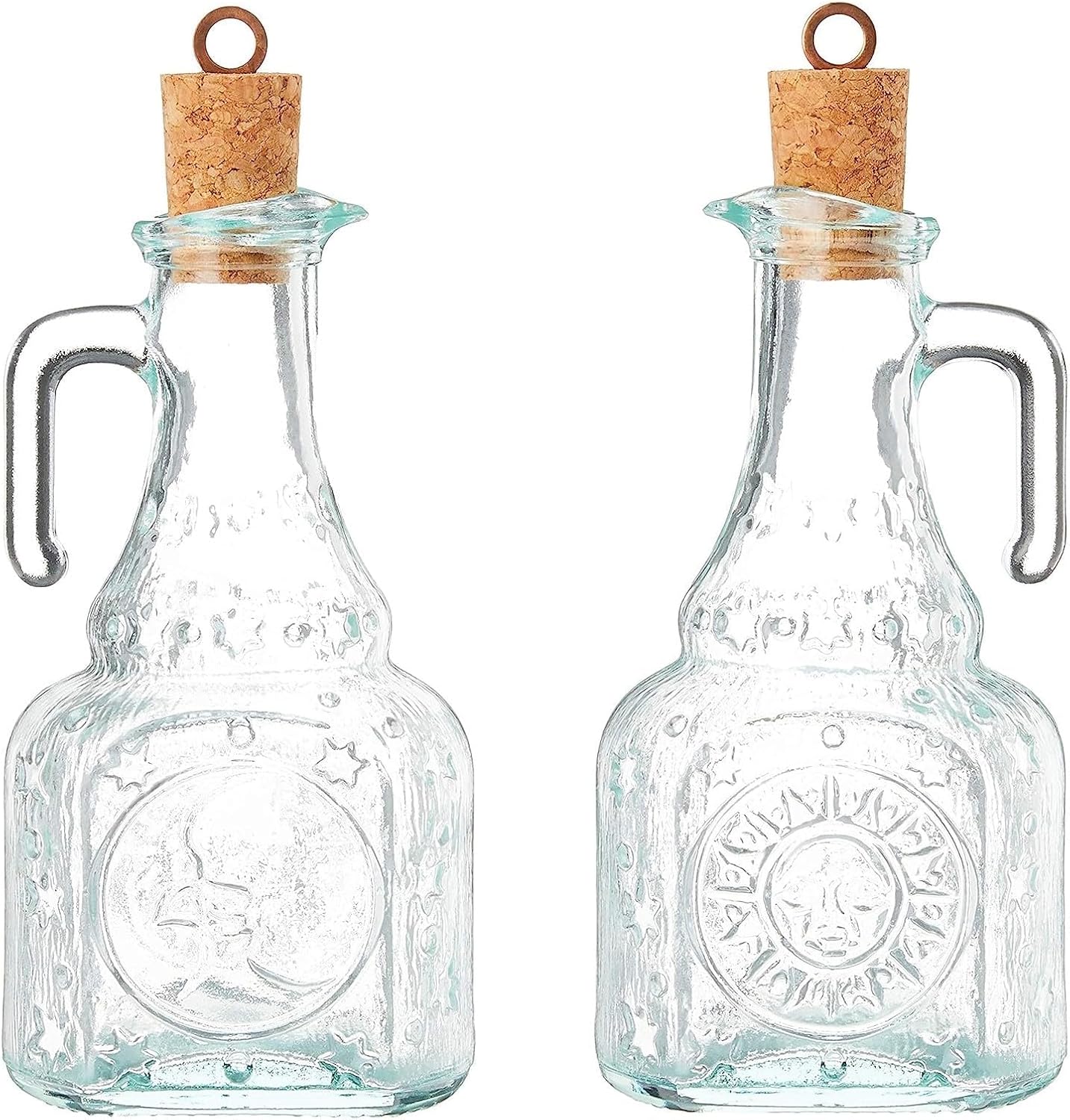 Country Home Helios Oil Bottle Set of 2, 8 Oz. Refillable Glass Dispensers with Pour Spouts for Olive Oil, Vinegar & Condiments - Italian Glass Kitchen Storage Containers