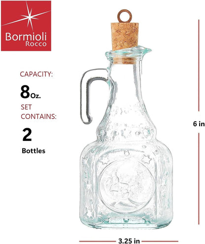 Country Home Helios Oil Bottle Set of 2, 8 Oz. Refillable Glass Dispensers with Pour Spouts for Olive Oil, Vinegar & Condiments - Italian Glass Kitchen Storage Containers