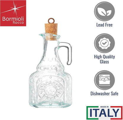 Country Home Helios Oil Bottle Set of 2, 8 Oz. Refillable Glass Dispensers with Pour Spouts for Olive Oil, Vinegar & Condiments - Italian Glass Kitchen Storage Containers