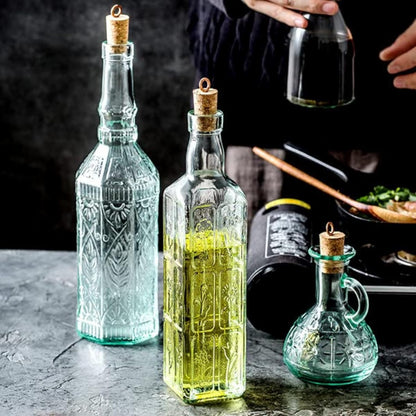 Country Home Helios Oil Bottle Set of 2, 8 Oz. Refillable Glass Dispensers with Pour Spouts for Olive Oil, Vinegar & Condiments - Italian Glass Kitchen Storage Containers
