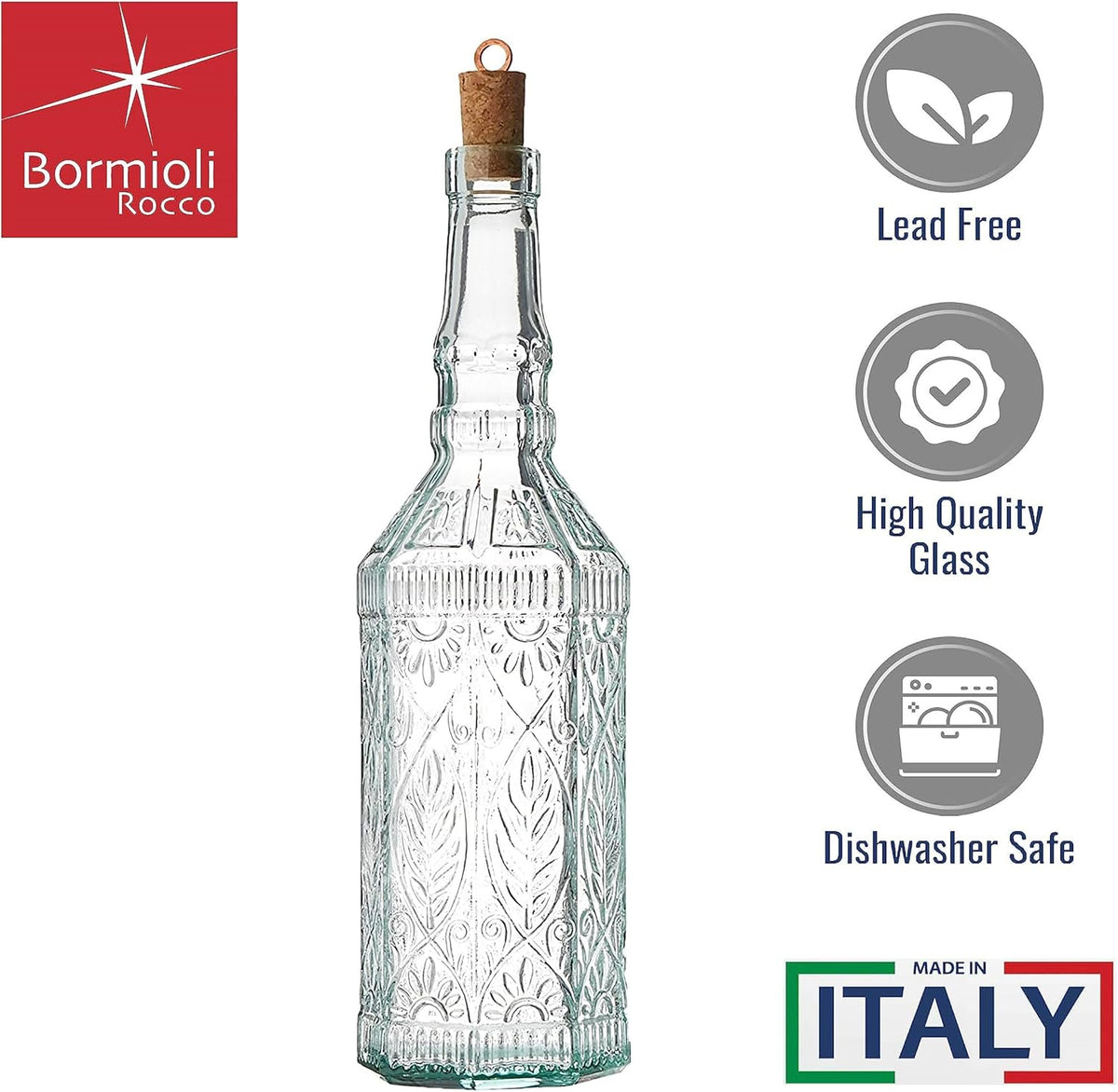 Country Home Helios Oil Bottle Set of 2, 8 Oz. Refillable Glass Dispensers with Pour Spouts for Olive Oil, Vinegar & Condiments - Italian Glass Kitchen Storage Containers