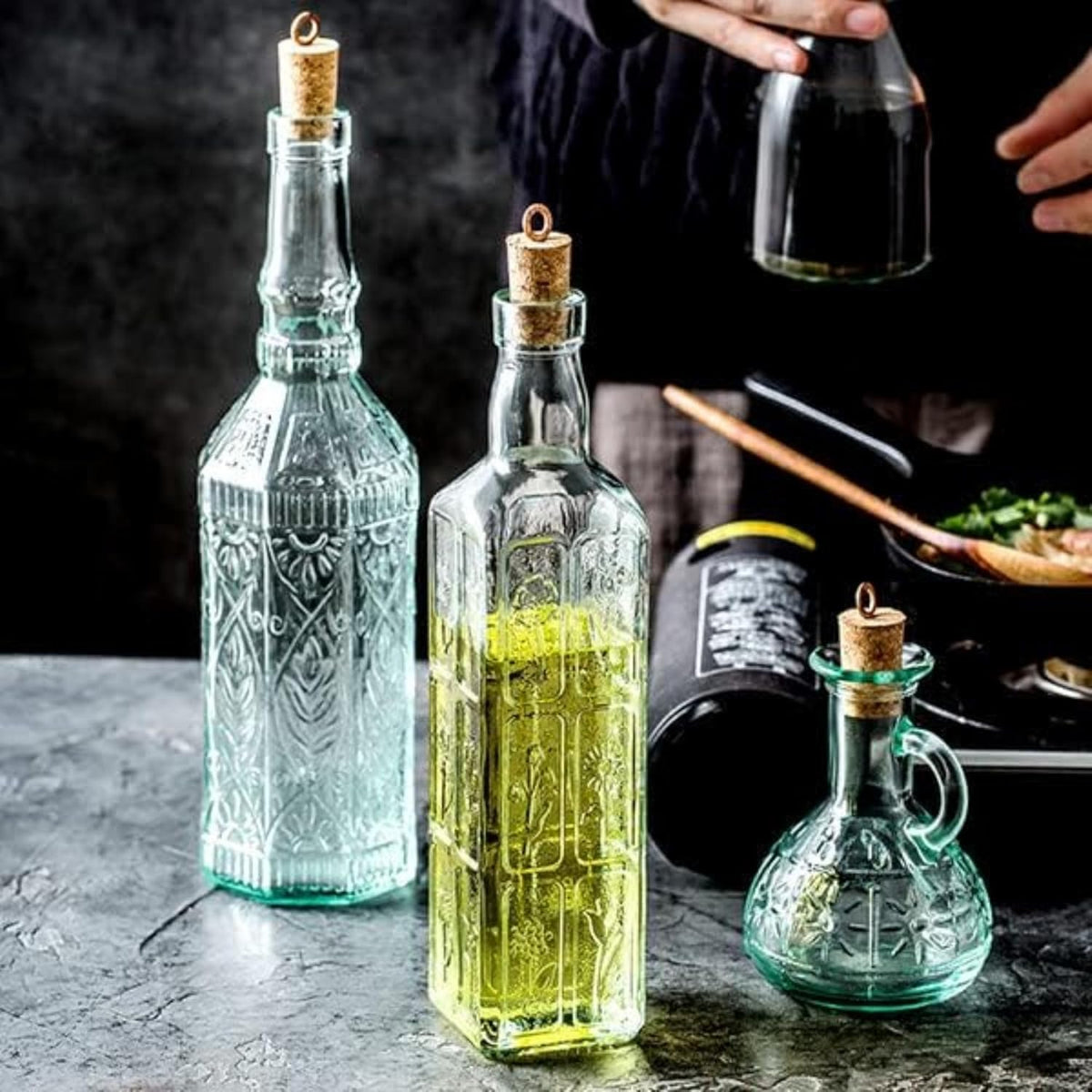 Country Home Helios Oil Bottle Set of 2, 8 Oz. Refillable Glass Dispensers with Pour Spouts for Olive Oil, Vinegar & Condiments - Italian Glass Kitchen Storage Containers