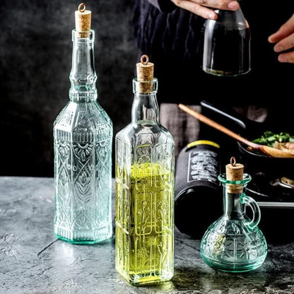 Country Home Helios Oil Bottle Set of 2, 8 Oz. Refillable Glass Dispensers with Pour Spouts for Olive Oil, Vinegar & Condiments - Italian Glass Kitchen Storage Containers