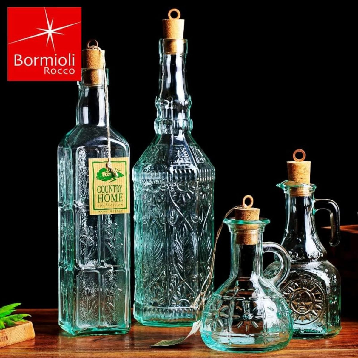 Country Home Helios Oil Bottle Set of 2, 8 Oz. Refillable Glass Dispensers with Pour Spouts for Olive Oil, Vinegar & Condiments - Italian Glass Kitchen Storage Containers