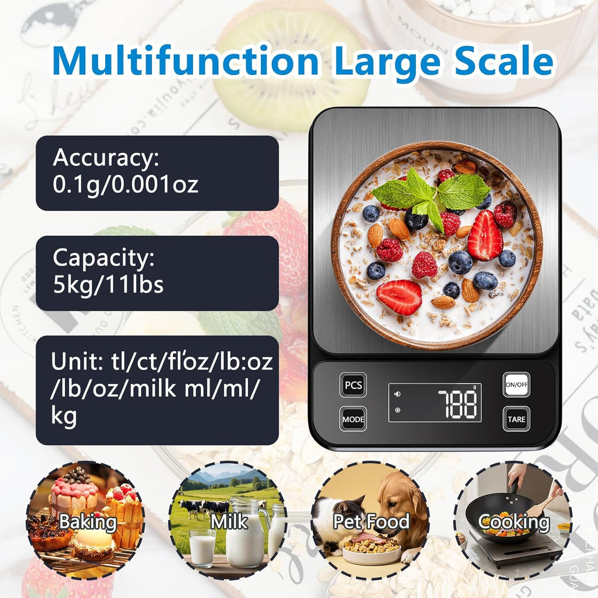 IPX7 Waterproof Food Scale 0.1g Precision Kitchen Scale, 10kg/22lb Digital Food Scale USB Rechargeable, Backlight Gram Scale Stainless Steel & Washable Digital Scale for Cooking, Baking,Weight Loss