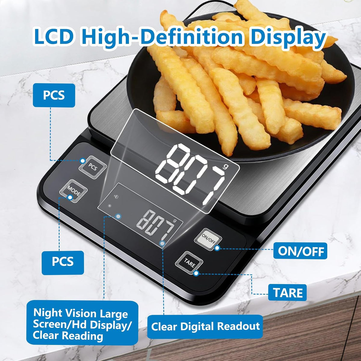 IPX7 Waterproof Food Scale 0.1g Precision Kitchen Scale, 10kg/22lb Digital Food Scale USB Rechargeable, Backlight Gram Scale Stainless Steel & Washable Digital Scale for Cooking, Baking,Weight Loss