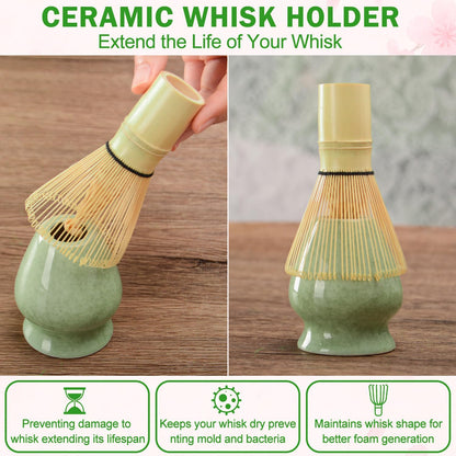 Matcha Whisk Set Ceramic Bowl Kit with Spout, Bamboo Chasen and Holder, Scoop Rest,Sifter Tea Towel Ceremonial Cute Matcha Tea Making Tool,Gift Perfect for Latte Lovers | Beginners,7pcs