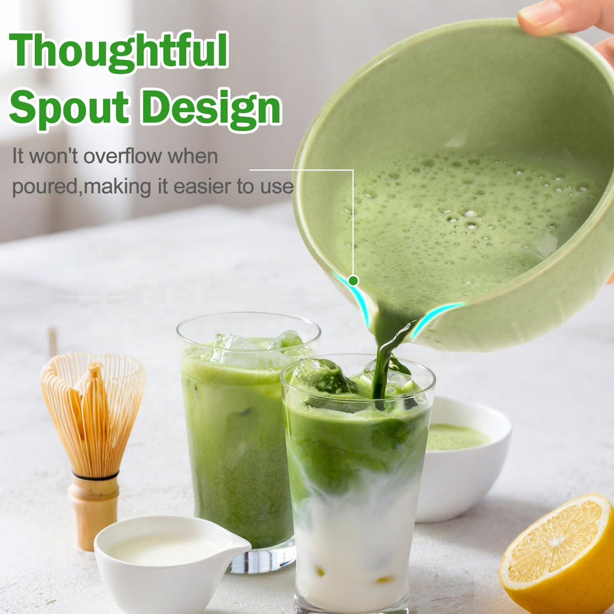 Matcha Whisk Set Ceramic Bowl Kit with Spout, Bamboo Chasen and Holder, Scoop Rest,Sifter Tea Towel Ceremonial Cute Matcha Tea Making Tool,Gift Perfect for Latte Lovers | Beginners,7pcs