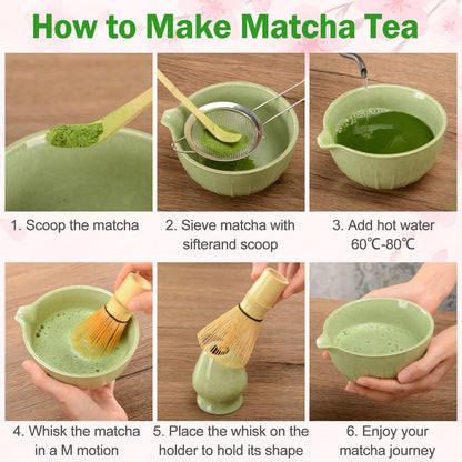 Matcha Whisk Set Ceramic Bowl Kit with Spout, Bamboo Chasen and Holder, Scoop Rest,Sifter Tea Towel Ceremonial Cute Matcha Tea Making Tool,Gift Perfect for Latte Lovers | Beginners,7pcs