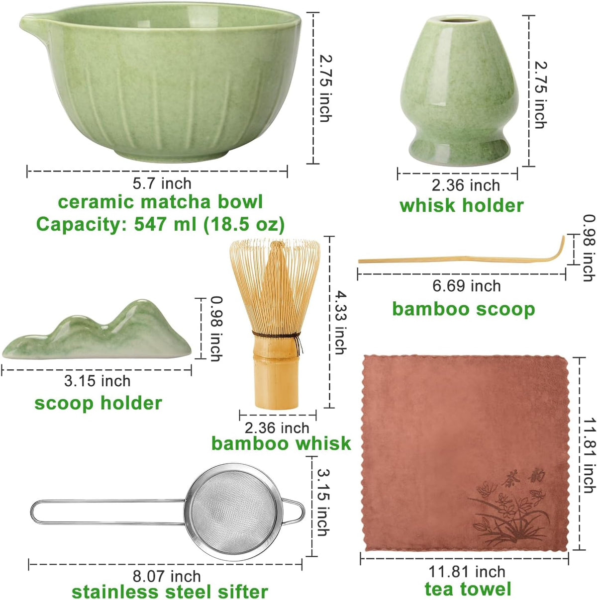 Matcha Whisk Set Ceramic Bowl Kit with Spout, Bamboo Chasen and Holder, Scoop Rest,Sifter Tea Towel Ceremonial Cute Matcha Tea Making Tool,Gift Perfect for Latte Lovers | Beginners,7pcs