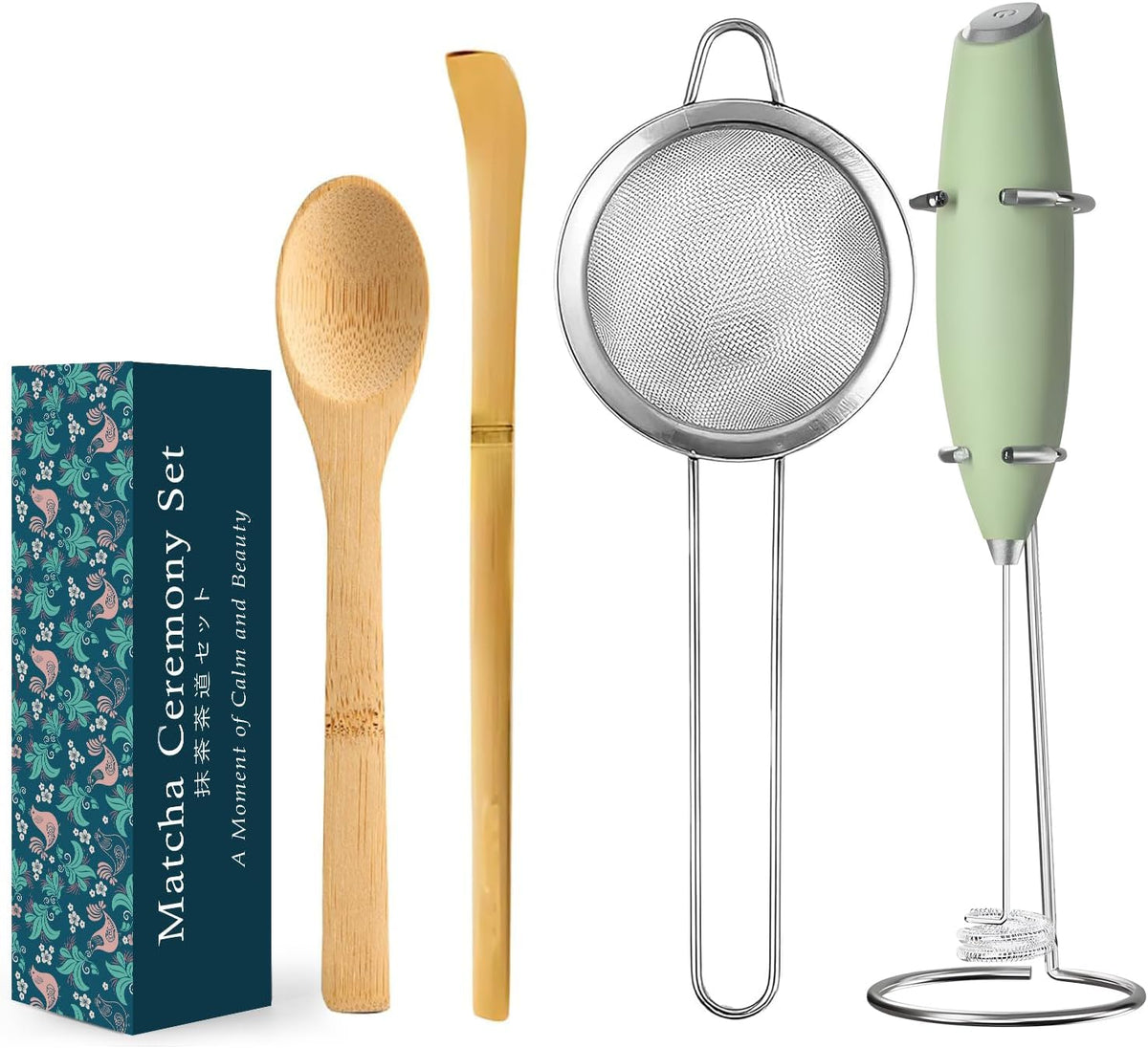 Matcha Whisk Set Ceramic Bowl Kit with Spout, Bamboo Chasen and Holder, Scoop Rest,Sifter Tea Towel Ceremonial Cute Matcha Tea Making Tool,Gift Perfect for Latte Lovers | Beginners,7pcs