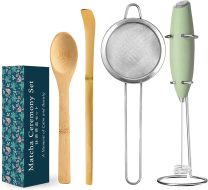 Matcha Whisk Set Ceramic Bowl Kit with Spout, Bamboo Chasen and Holder, Scoop Rest,Sifter Tea Towel Ceremonial Cute Matcha Tea Making Tool,Gift Perfect for Latte Lovers | Beginners,7pcs