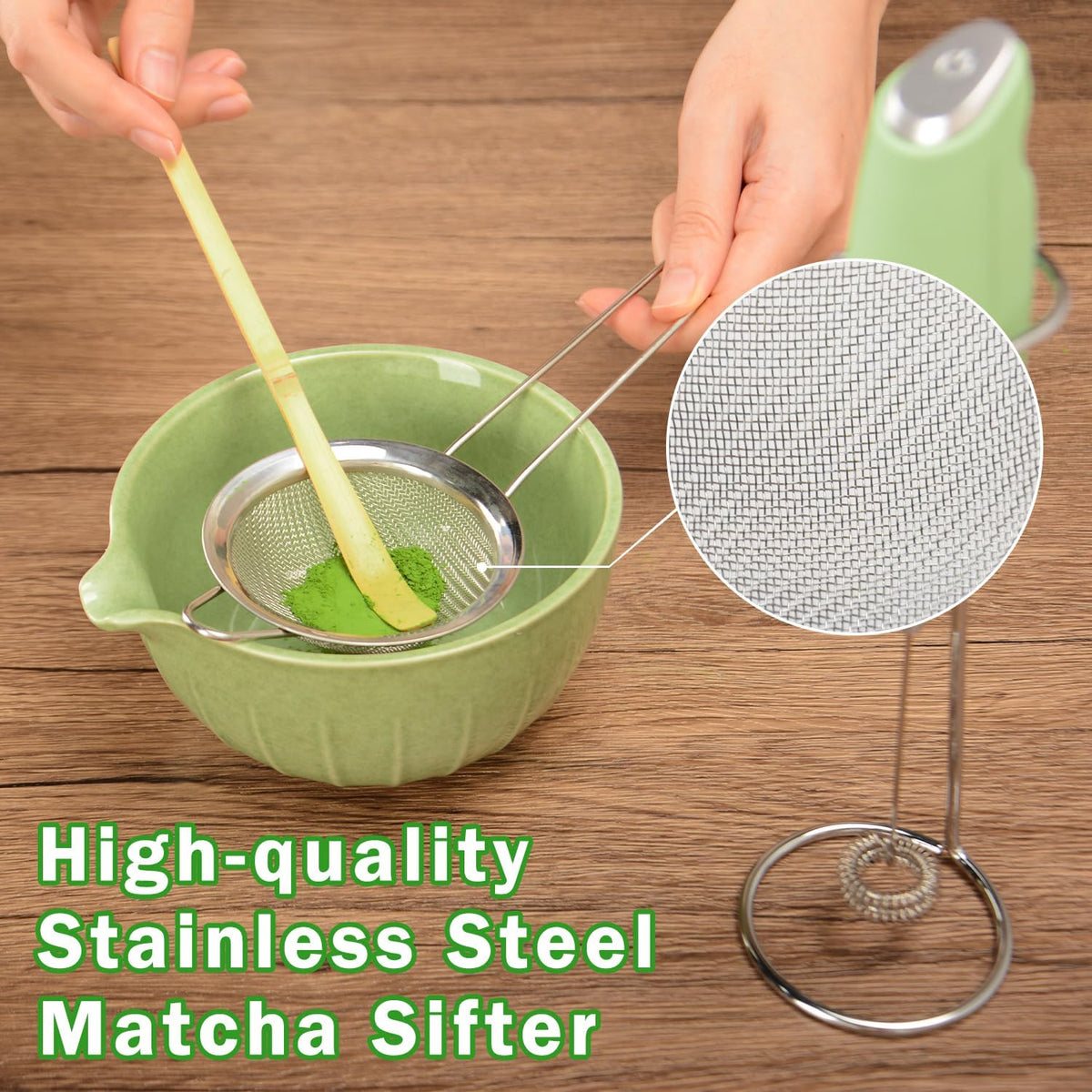 Matcha Whisk Set Ceramic Bowl Kit with Spout, Bamboo Chasen and Holder, Scoop Rest,Sifter Tea Towel Ceremonial Cute Matcha Tea Making Tool,Gift Perfect for Latte Lovers | Beginners,7pcs