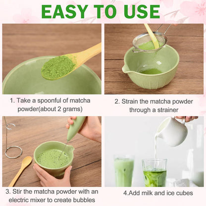 Matcha Whisk Set Ceramic Bowl Kit with Spout, Bamboo Chasen and Holder, Scoop Rest,Sifter Tea Towel Ceremonial Cute Matcha Tea Making Tool,Gift Perfect for Latte Lovers | Beginners,7pcs