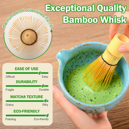 Matcha Whisk Set Ceramic Bowl Kit with Spout, Bamboo Chasen and Holder, Scoop Rest,Sifter Tea Towel Ceremonial Cute Matcha Tea Making Tool,Gift Perfect for Latte Lovers | Beginners,7pcs