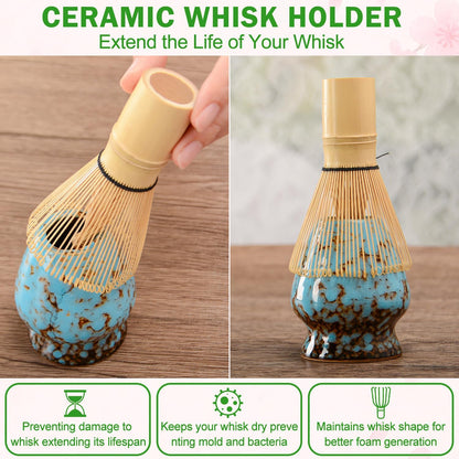 Matcha Whisk Set Ceramic Bowl Kit with Spout, Bamboo Chasen and Holder, Scoop Rest,Sifter Tea Towel Ceremonial Cute Matcha Tea Making Tool,Gift Perfect for Latte Lovers | Beginners,7pcs