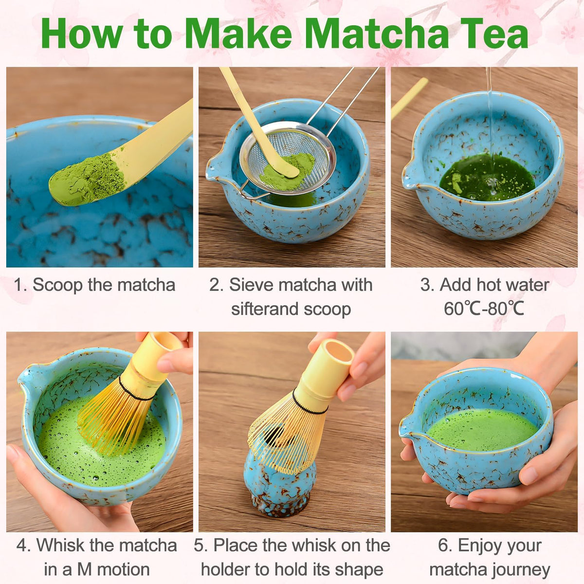 Matcha Whisk Set Ceramic Bowl Kit with Spout, Bamboo Chasen and Holder, Scoop Rest,Sifter Tea Towel Ceremonial Cute Matcha Tea Making Tool,Gift Perfect for Latte Lovers | Beginners,7pcs