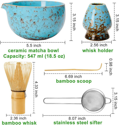 Matcha Whisk Set Ceramic Bowl Kit with Spout, Bamboo Chasen and Holder, Scoop Rest,Sifter Tea Towel Ceremonial Cute Matcha Tea Making Tool,Gift Perfect for Latte Lovers | Beginners,7pcs