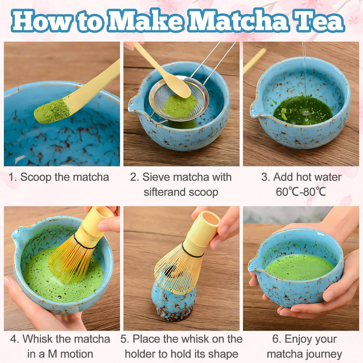 Matcha Whisk Set Ceramic Bowl Kit with Spout, Bamboo Chasen and Holder, Scoop Rest,Sifter Tea Towel Ceremonial Cute Matcha Tea Making Tool,Gift Perfect for Latte Lovers | Beginners,7pcs