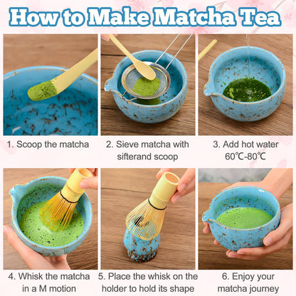 Matcha Whisk Set Ceramic Bowl Kit with Spout, Bamboo Chasen and Holder, Scoop Rest,Sifter Tea Towel Ceremonial Cute Matcha Tea Making Tool,Gift Perfect for Latte Lovers | Beginners,7pcs