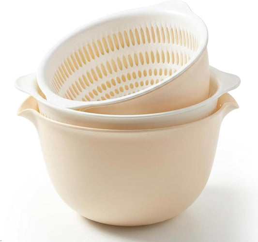 2 in 1 Kitchen Colander Set with Bowl Strainer (2 Sets 2.5 Qt),BPA Free Plastic Fruits and Vegetable Washing Basket,Dishwasher Friendly Double Layered Drain Basin,for Pasta Salad Berry Cleaning Mixing