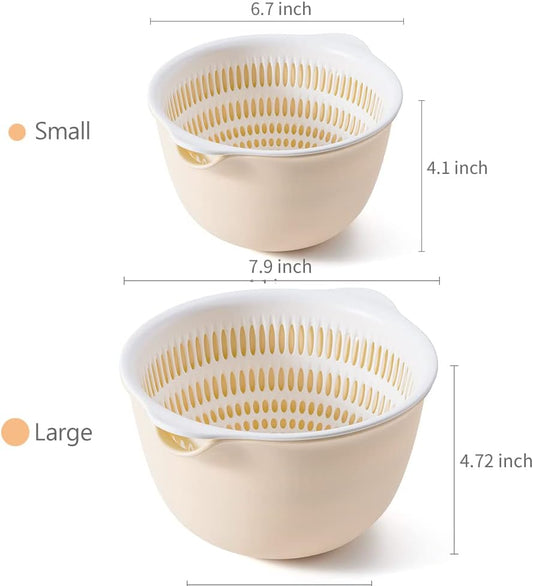 2 in 1 Kitchen Colander Set with Bowl Strainer (2 Sets 2.5 Qt),BPA Free Plastic Fruits and Vegetable Washing Basket,Dishwasher Friendly Double Layered Drain Basin,for Pasta Salad Berry Cleaning Mixing