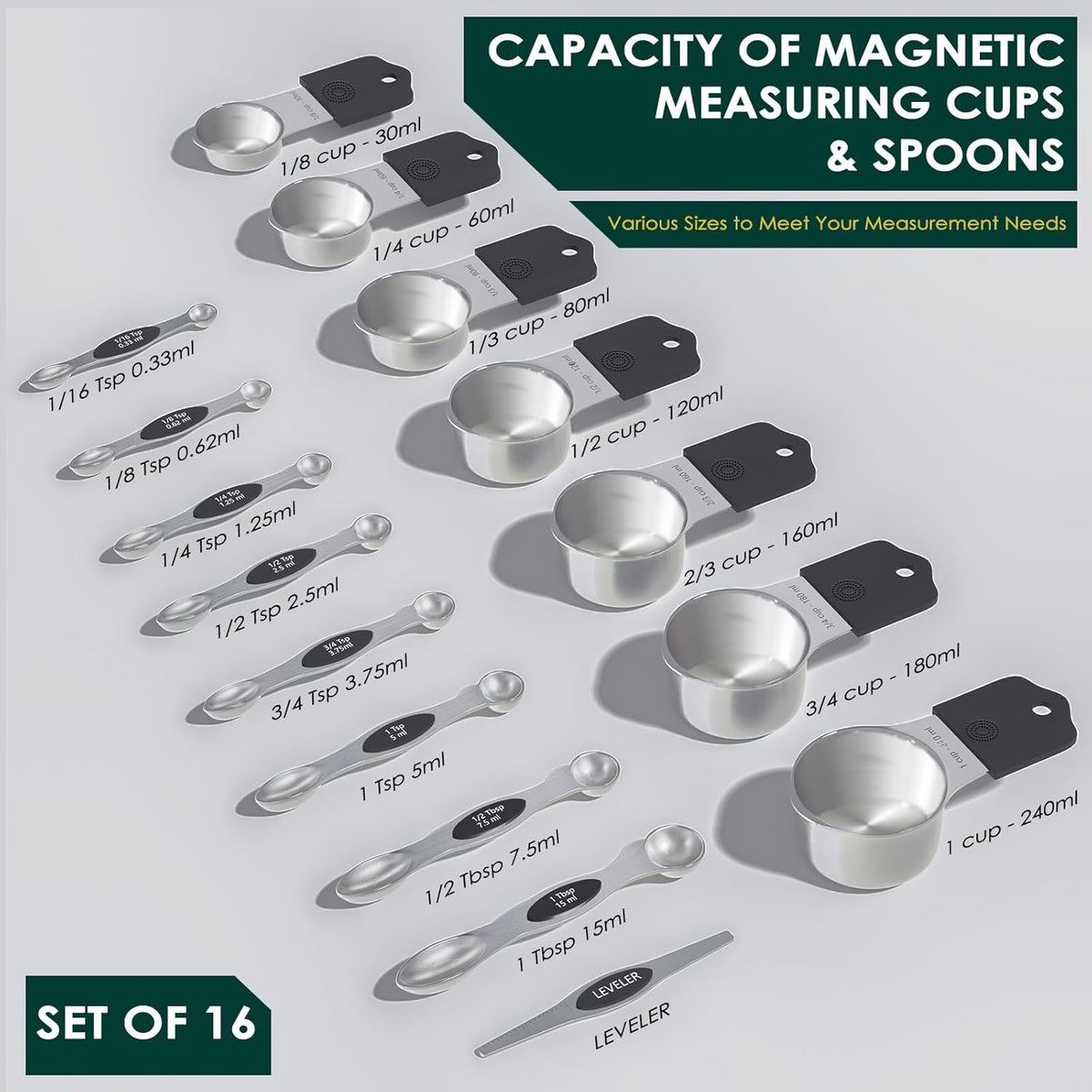 16 Pieces Magnetic Measuring Cups & Spoons Set