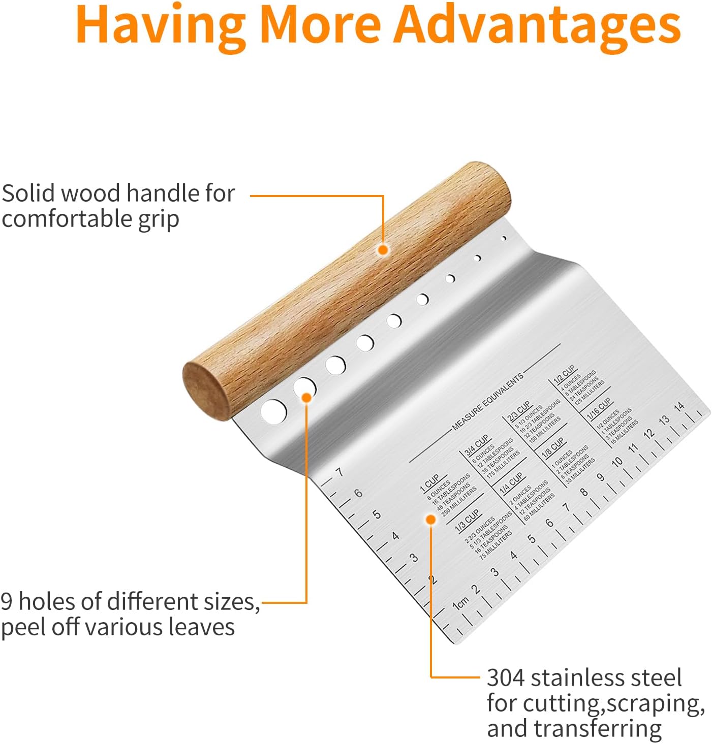 Dough Bench Scraper/Cutter/Chopper, 1 Pack | Stainless Steel Blade, Herb Stripper, Scale Ruler, Leaf Remover