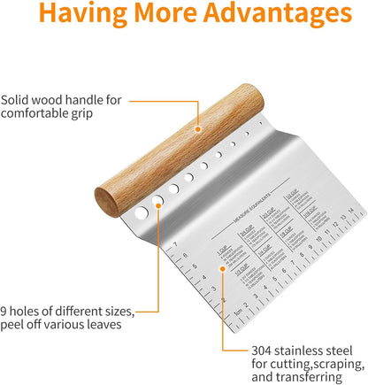 Dough Bench Scraper/Cutter/Chopper, 1 Pack | Stainless Steel Blade, Herb Stripper, Scale Ruler, Leaf Remover