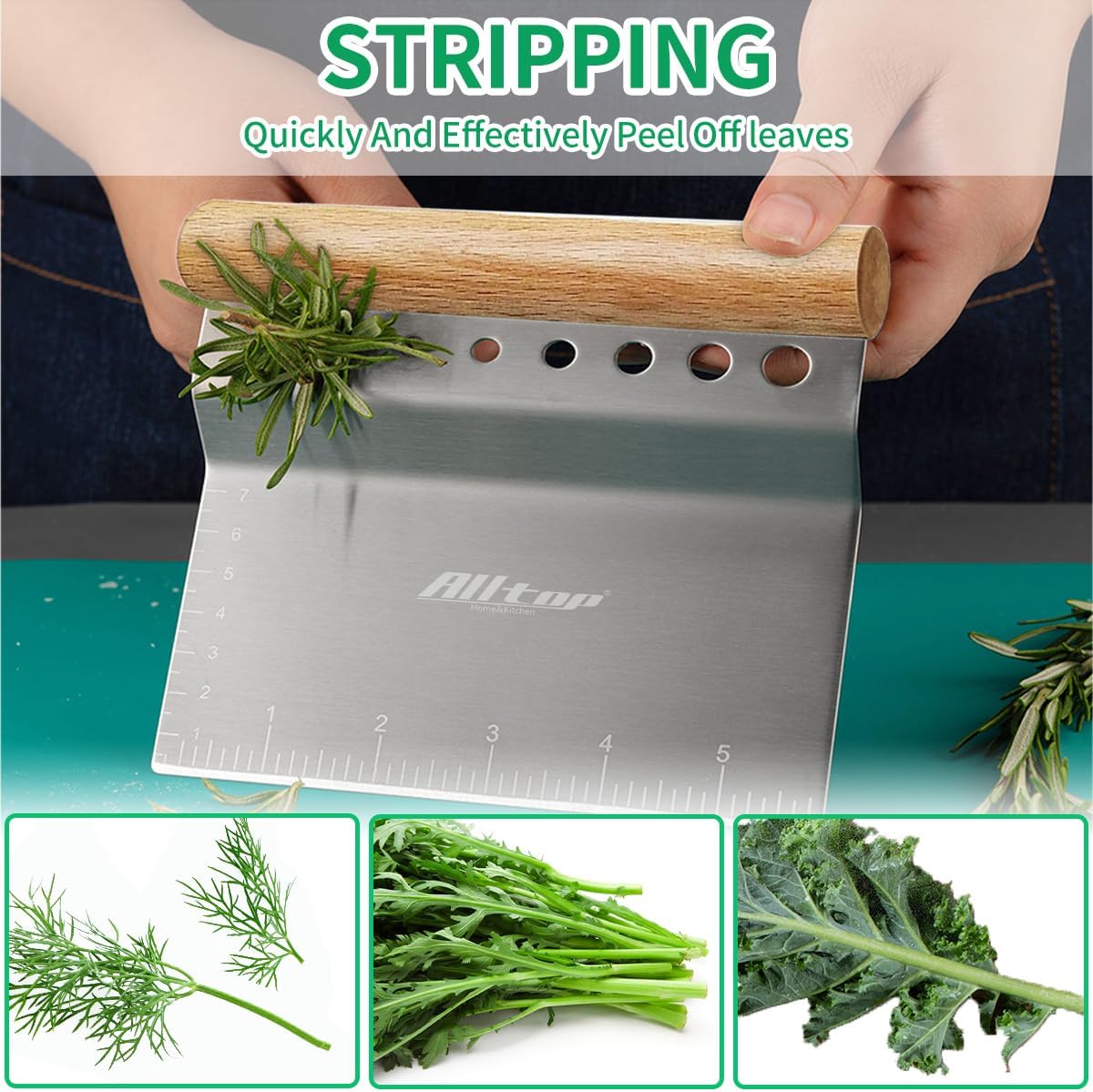 Dough Bench Scraper/Cutter/Chopper, 1 Pack | Stainless Steel Blade, Herb Stripper, Scale Ruler, Leaf Remover