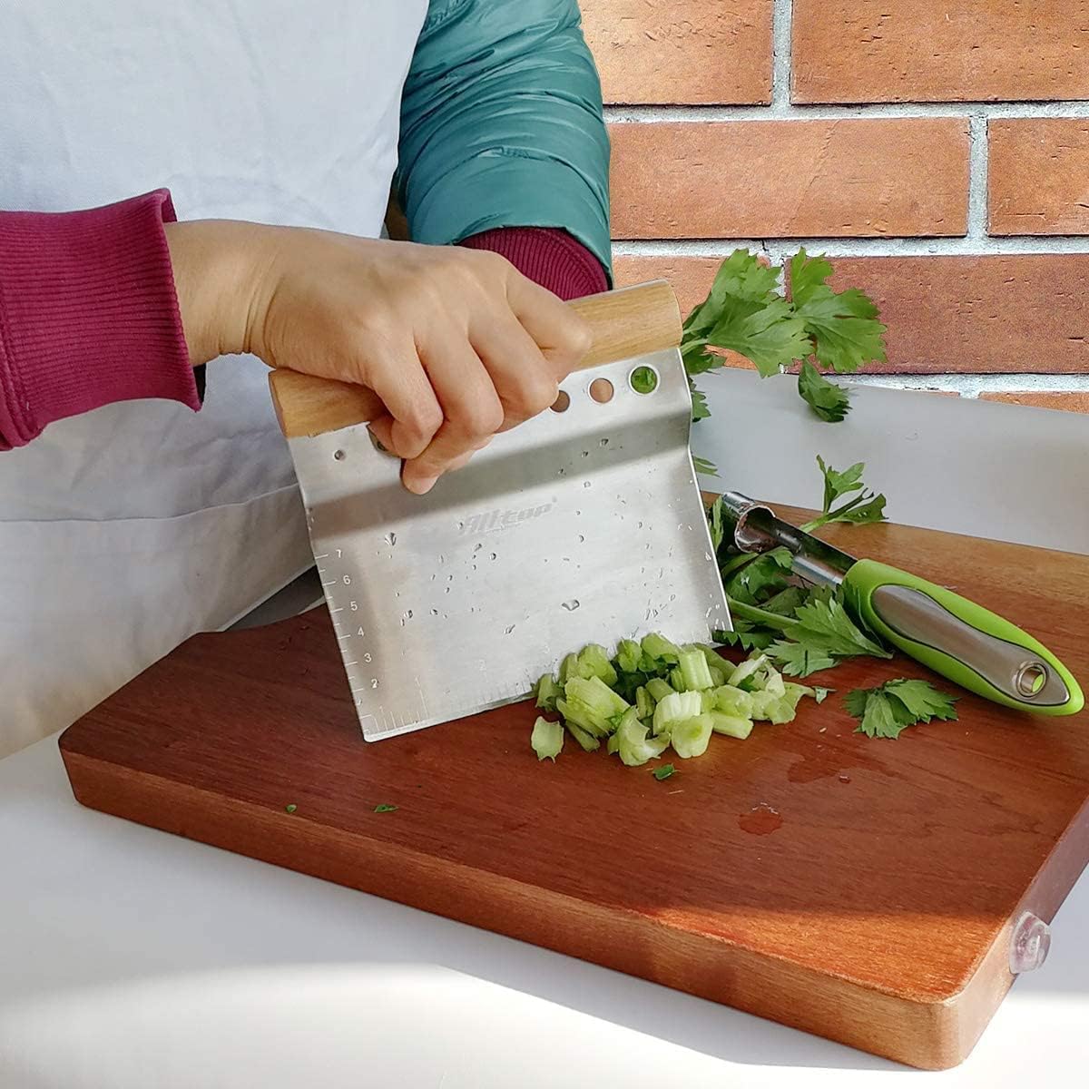 Dough Bench Scraper/Cutter/Chopper, 1 Pack | Stainless Steel Blade, Herb Stripper, Scale Ruler, Leaf Remover
