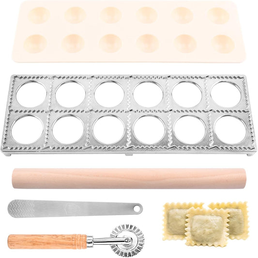 Ravioli Press Mold Set, 12 Holes Ravioli Maker Press,1 x Pasta Cutter Stamp Maker, 1xWood Rolling Pin Pasta Making Tools,1x Filling Spoon,for Ravioli, Dumpling,Hand Pie