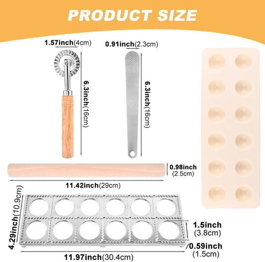 Ravioli Press Mold Set, 12 Holes Ravioli Maker Press,1 x Pasta Cutter Stamp Maker, 1xWood Rolling Pin Pasta Making Tools,1x Filling Spoon,for Ravioli, Dumpling,Hand Pie