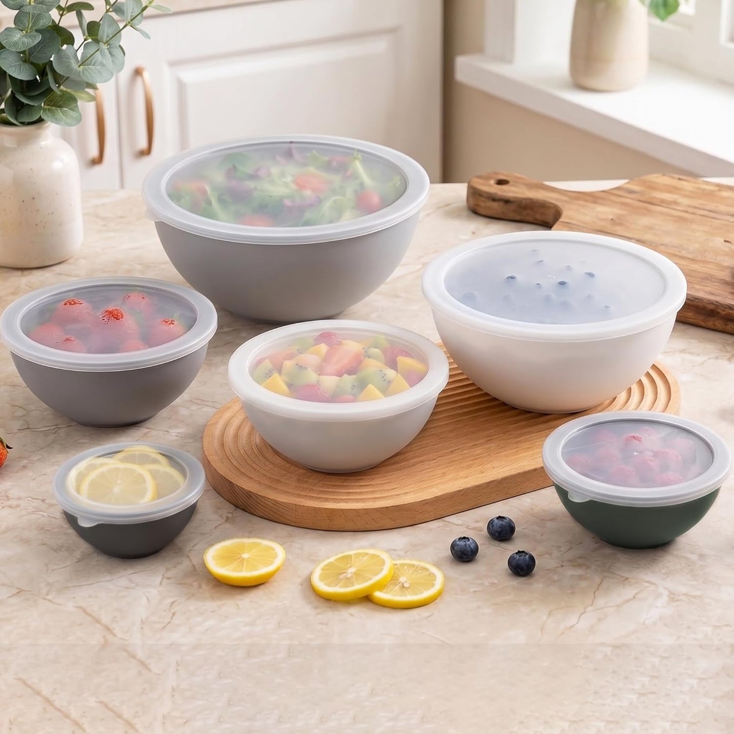 BoxedHome BPA Free Plastic Round Mixing Bowl with Lids, 12 Pack Nesting Bowls with Lids Set, Microwave and Dishwasher Safe Prep & Serving Bowls Great for Mixing, Baking, Serving (White, 12pcs)
