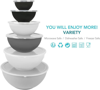 BoxedHome BPA Free Plastic Round Mixing Bowl with Lids, 12 Pack Nesting Bowls with Lids Set, Microwave and Dishwasher Safe Prep & Serving Bowls Great for Mixing, Baking, Serving (White, 12pcs)