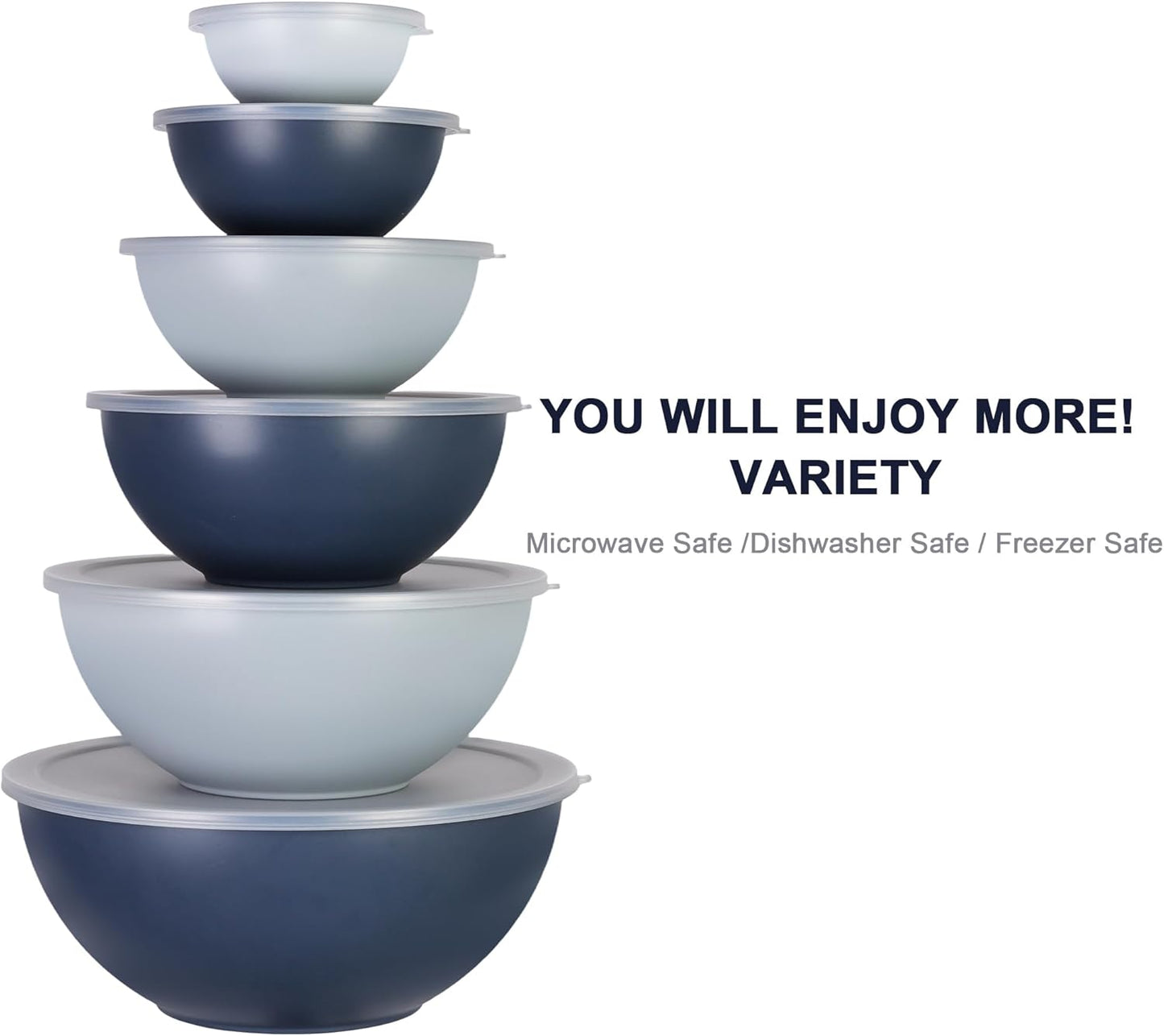 BoxedHome BPA Free Plastic Round Mixing Bowl with Lids, 12 Pack Nesting Bowls with Lids Set, Microwave and Dishwasher Safe Prep & Serving Bowls Great for Mixing, Baking, Serving (White, 12pcs)