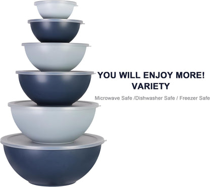 BoxedHome BPA Free Plastic Round Mixing Bowl with Lids, 12 Pack Nesting Bowls with Lids Set, Microwave and Dishwasher Safe Prep & Serving Bowls Great for Mixing, Baking, Serving (White, 12pcs)