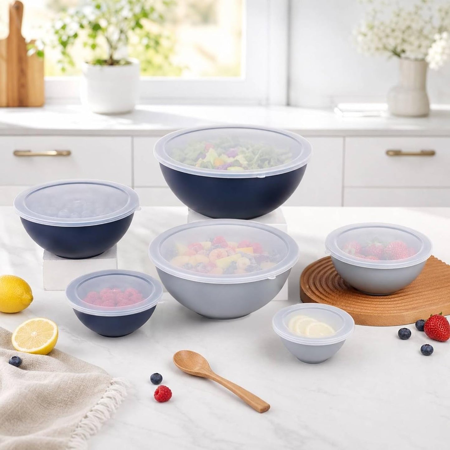 BoxedHome BPA Free Plastic Round Mixing Bowl with Lids, 12 Pack Nesting Bowls with Lids Set, Microwave and Dishwasher Safe Prep & Serving Bowls Great for Mixing, Baking, Serving (White, 12pcs)