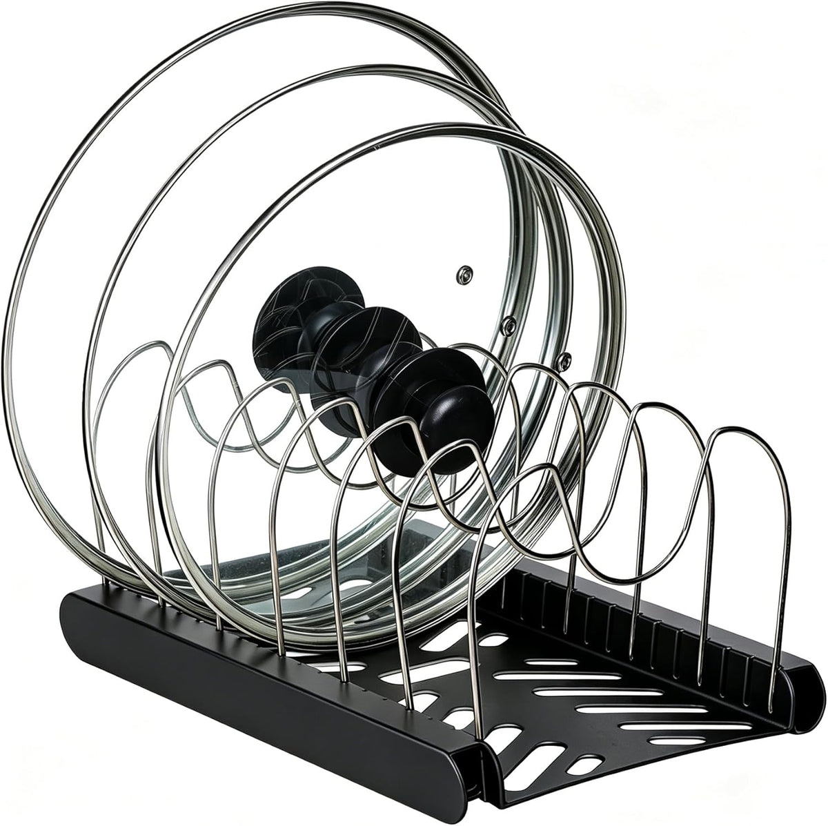 Pot Lids Organizer Rack,7 Adjustable Compartmentsfor Cabinet and Countertop,Kitchen Cabinet Organizer for Pots, Pans, Cake Molds, Cutting Boards, Mats, Cookware,Lids & Bakeware,Black