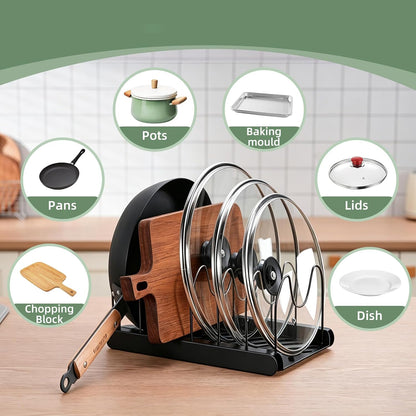 Pot Lids Organizer Rack,7 Adjustable Compartmentsfor Cabinet and Countertop,Kitchen Cabinet Organizer for Pots, Pans, Cake Molds, Cutting Boards, Mats, Cookware,Lids & Bakeware,Black