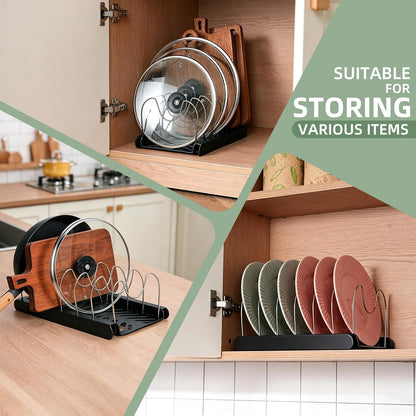 Pot Lids Organizer Rack,7 Adjustable Compartmentsfor Cabinet and Countertop,Kitchen Cabinet Organizer for Pots, Pans, Cake Molds, Cutting Boards, Mats, Cookware,Lids & Bakeware,Black
