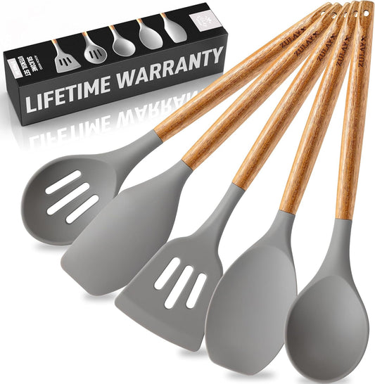 Utensils Set Non-Stick Silicone Cooking Utensils Set with Authentic Acacia Wood Handles - 5 Piece Silicone Utensil Set - Kitchen Utensils Set with 464°F Heat Resistance - Gray