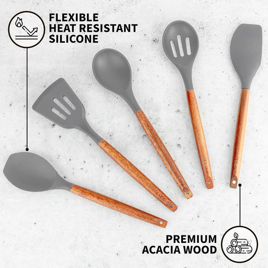 Utensils Set Non-Stick Silicone Cooking Utensils Set with Authentic Acacia Wood Handles - 5 Piece Silicone Utensil Set - Kitchen Utensils Set with 464°F Heat Resistance - Gray