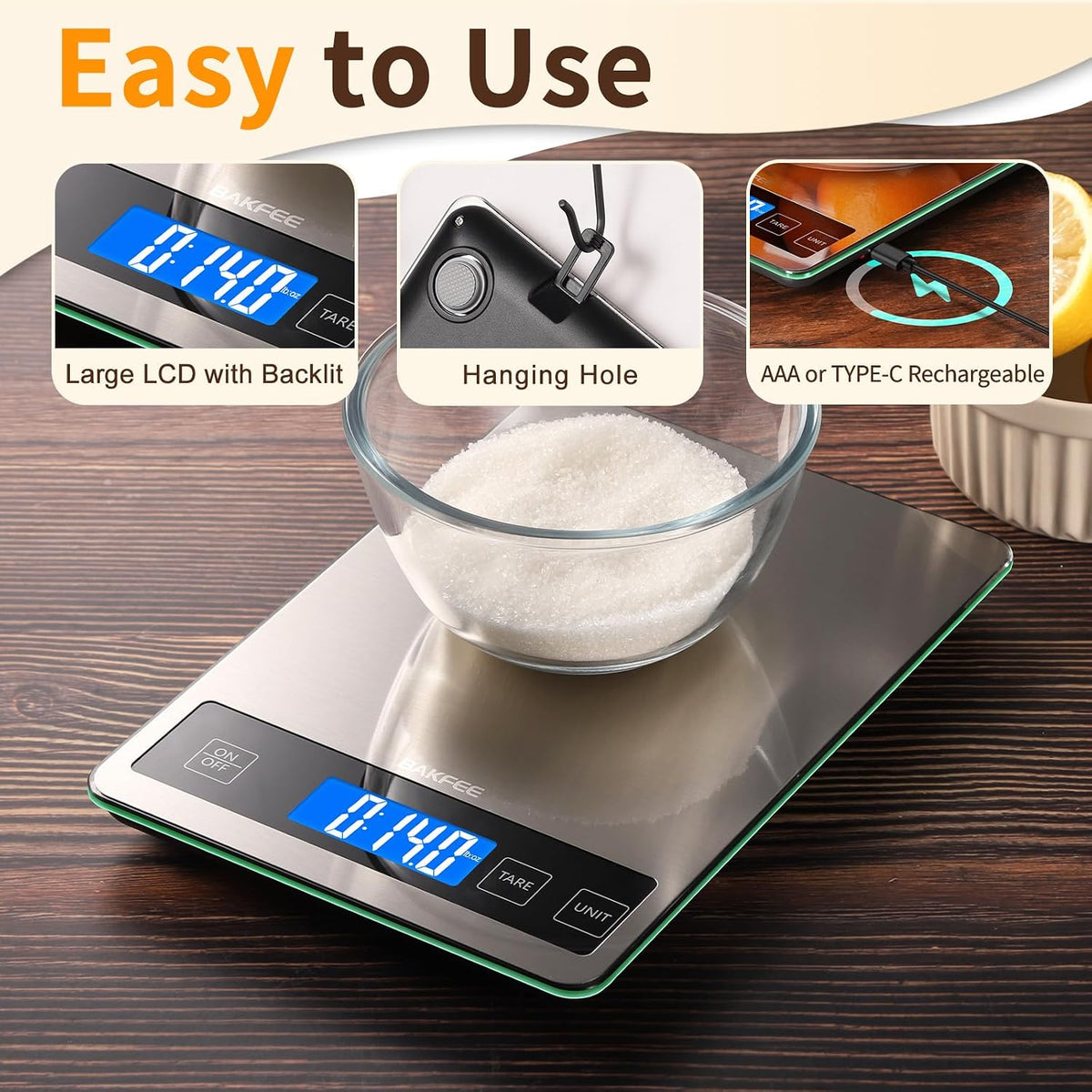 Food Scale, 33lb Kitchen Scale with 1g Precision, Rechargeable Black